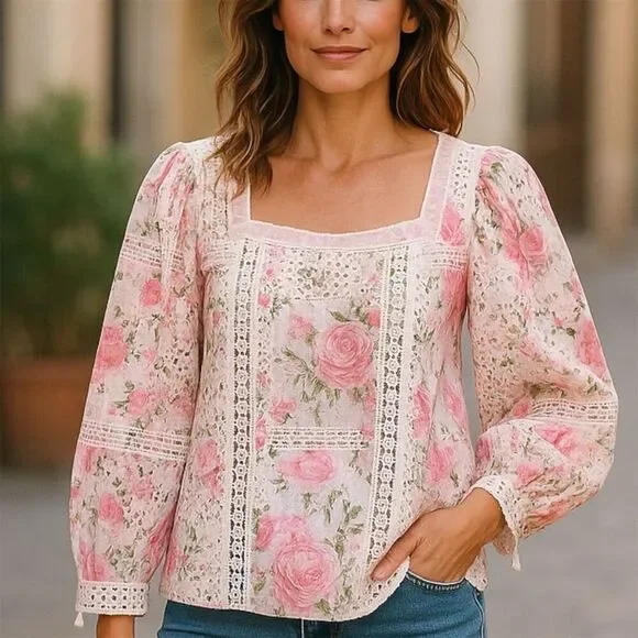 LoveShackFancy Romantic Eyelet Pink White Floral Square Neck Blouse Sleeve