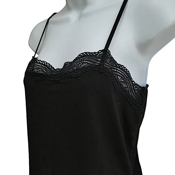 Ann Taylor Black Cami Top Lace Trim Cotton Spandex Adj Straps M