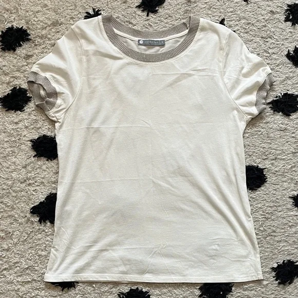 InCashmere size S Cream Tee basic, soft with Tan metallic Trim on neck & sleeve