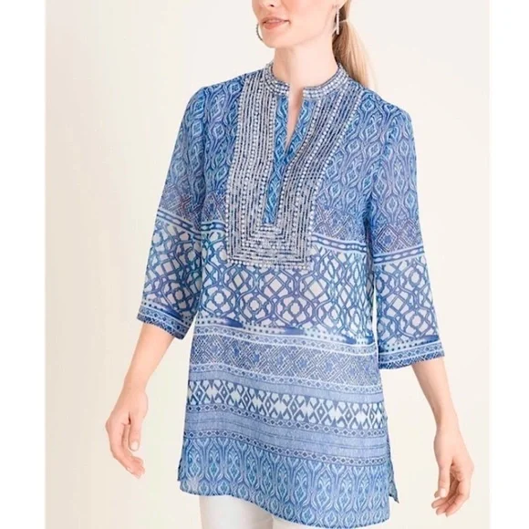 Chicos Mixed Print Rhinestone Top
