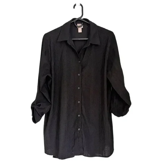 Chico's Black Collared Button‎ Up Embroidered detail Size 2