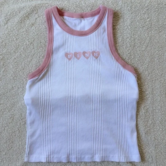 Victoria’s Secret PINK White Ribbed Tank Top with Pink Trim and Heart Embroidery