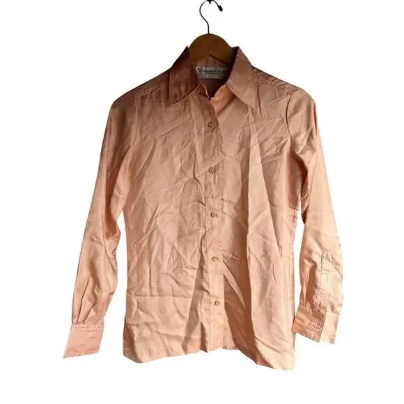 Vintage Oscar De La Renta Tan Semi Sheer Blouse Button Down Size 8 Satin Poly