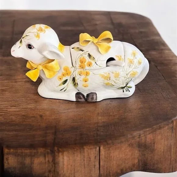 Vintage Italian Lamb Soup Tureen,Spoon Hand-Painted Yellow Mimosa Mid-Century