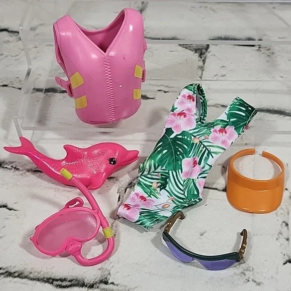 Barbie Doll Clothes Lot Water Spots Swimsuit Snorkel Life Vest Dolphin‎ Visor