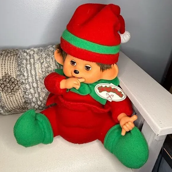 Vtg Large Monchhichi Christmas Open Close Eyes Thumb Sucking Plush Monkey  Tags