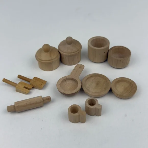 VTG Dollhouse Miniature Wooden Kitchen Lot Turned Wood 1:12 Cookware Dishes