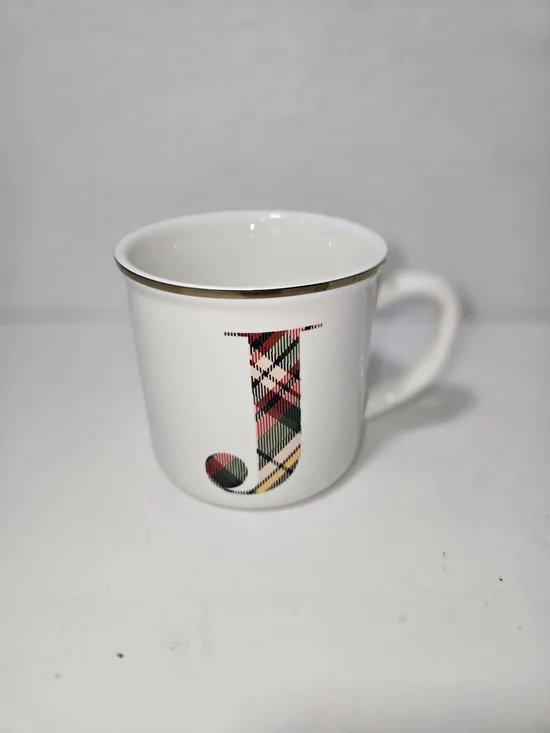 Pottery Barn White Mug with Plaid 'J' and Gold Rim