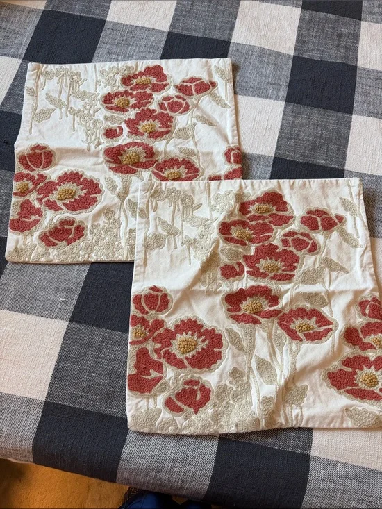 Pottery Barn Red and Cream Embroidered Floral Pillow Covers