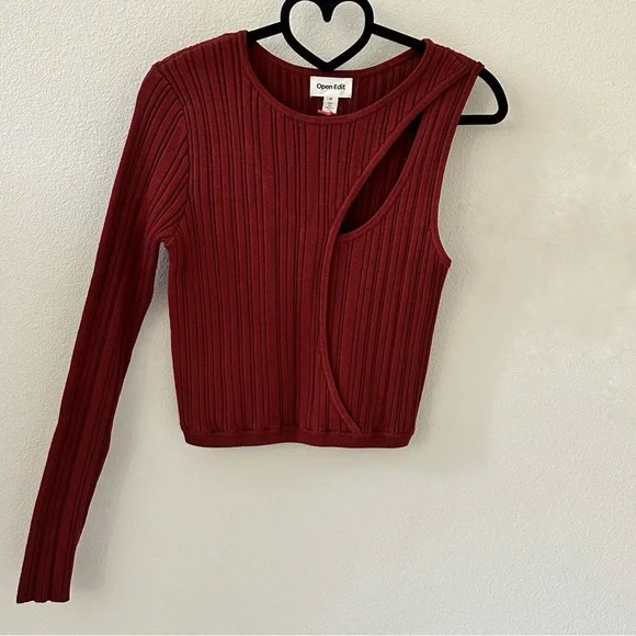 Open Edit Rust Orange Ribbed Cutout Knit Top NWT Size M