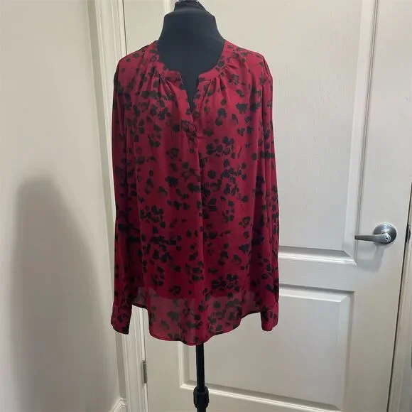 Simply Vera Vera Wang Women's Red Sheer Floral Blouse Size L Long Sleeve sku176
