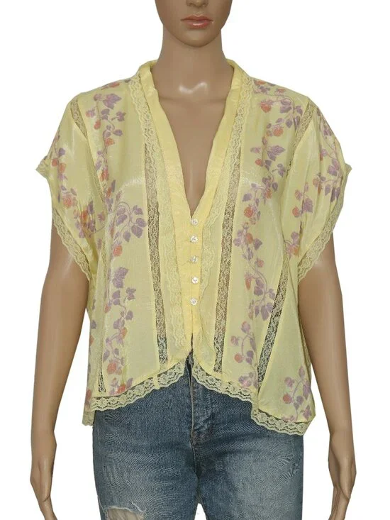 Free People Marigold Printed Shine Lace Top Yellow Buttondown Lace S