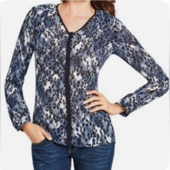 CAbi Fatale Blue and Black Leopard Print Sheer Blouse