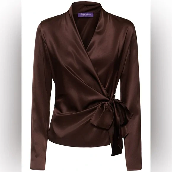 RALPH LAUREN COLLECTION SHEA BROWN SILK WRAP BLOUSE TOP