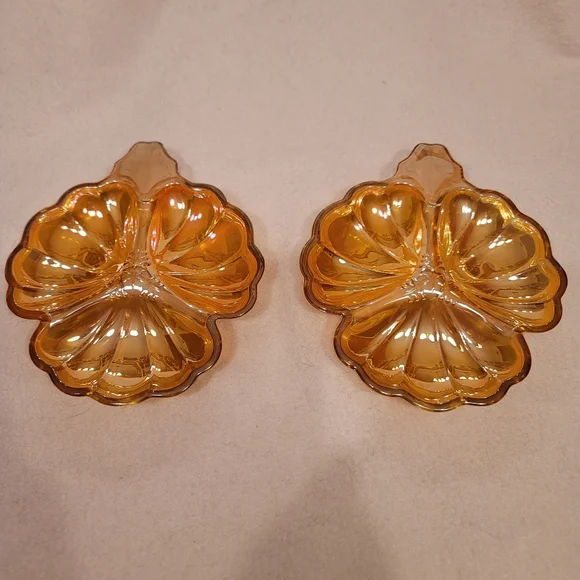 0824. A Pair ~ Vintage ~ Jeannette ~ Marigold ~ 3 Section ~ Carnival Glass ~
