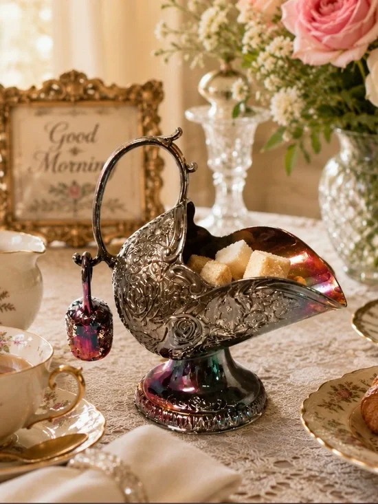 E.P. Japan Victorian Sugar Shuttle & Scoop Silver Plated Metal Condinment