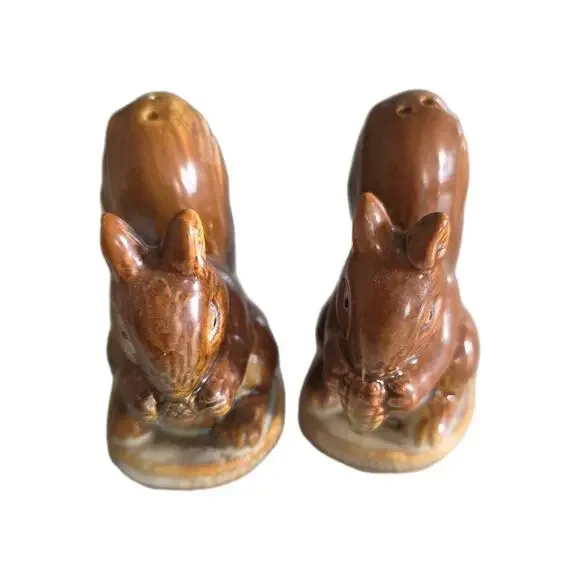 Vintage Squirrel Salt Pepper Shakers MCM Ceramic Brown Glaze W/ Stoppers 3