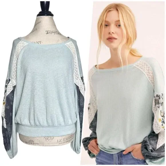 Free People | Women | Casual Clash Mint Mixed Media Balloon Sleeve Top | Small