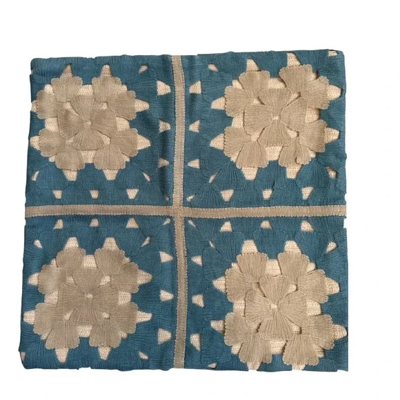 Pottery Barn Floral Crochet Teal Beige 18x18 Throw Pillow Cover Boho Coastal