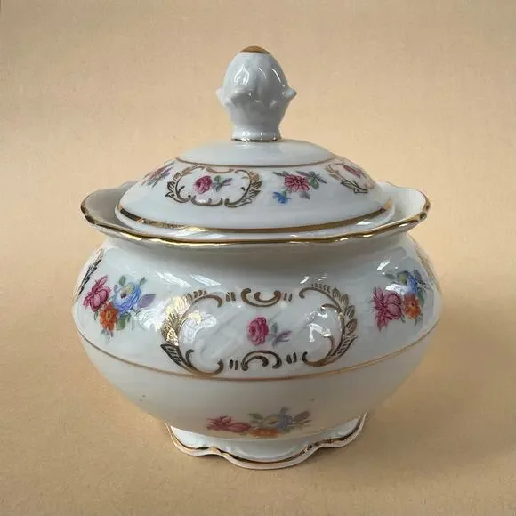 Vintage 50s Schumann Bavaria Empress Dresden Flowers Porcelain Sugar Bowl