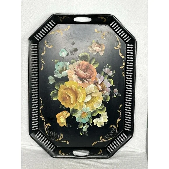 VINTAGE 1940s LARGE MCM Hand-Painted Floral Bouquet Tole Tray Decorative Edge