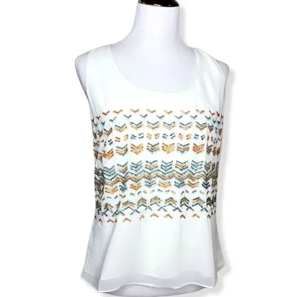 Greylin Racerback Sequin Bead Embellished Boho Tank Top Blouse White Medium