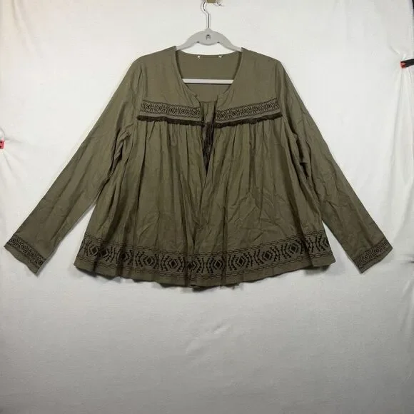 Boho Olive Green Embroidered Tassel Tie Blouse Peasant Top Fringe Festival