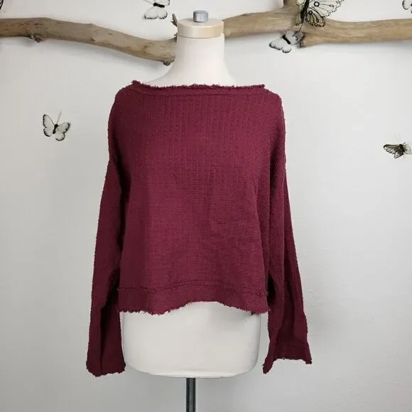 Free people frayed hem bell sleeve maroon top