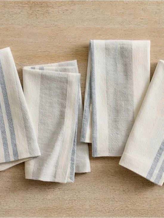 Pottery Barn Cream and Light Blue Striped Cotton Napkins - Set of 4