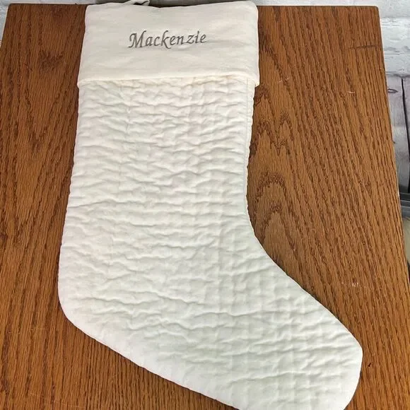 {Pottery Barn} quilted stocking with name Mackenzie embroidered in Gray