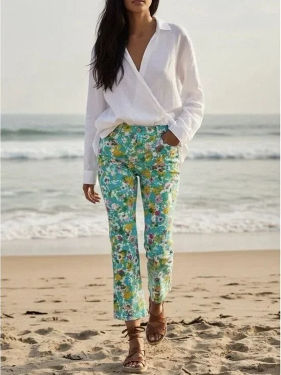 Zara Women’s Floral Linen Blend Mini Flare Cropped Trouser Pants Size 2 NWT