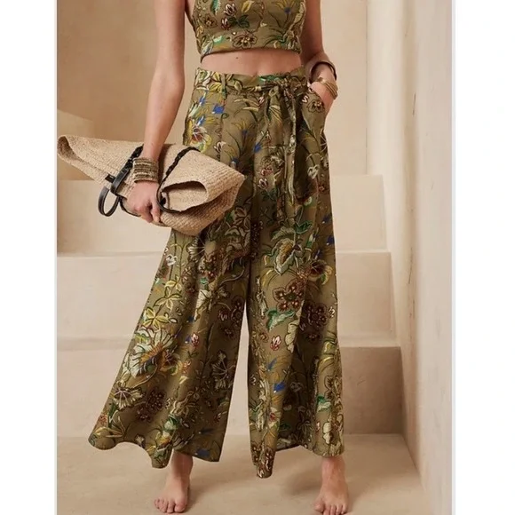 Banana Republic Petite 6 Linen Wide Leg Floral Pants Brown Meridian High Rise
