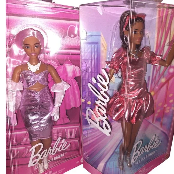 NEW 2 African American Deluxe Style Barbie with Metallic‎ Dresses & Accessories