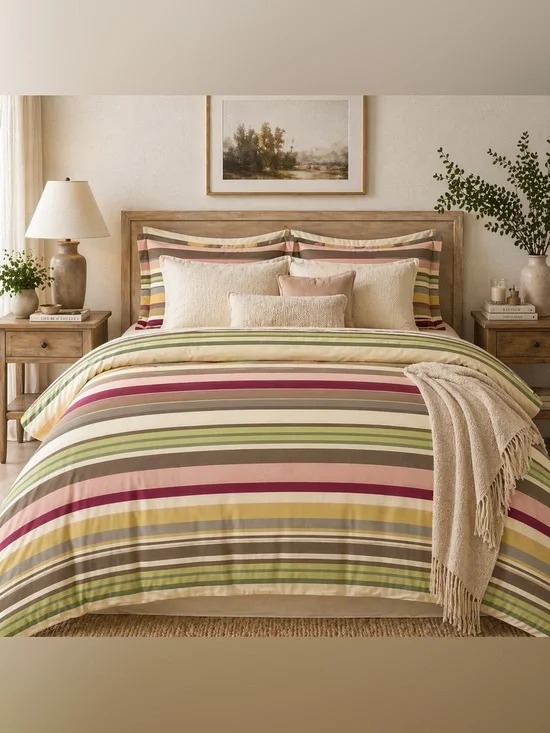 Pottery Barn Queen Cotton Duvet Cover Neutral Multi Stripe Cottage Chic