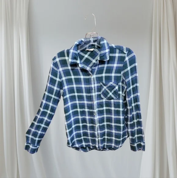 Aeropostale Women's Medium Plaid Flannel Shirt Button Down Blue White T33