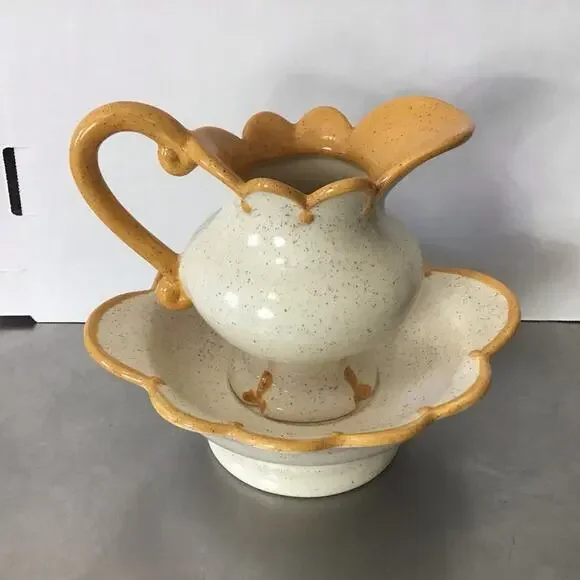 Pitcher and Saucer Ceramic Speckled brown, cream and mustard yellow