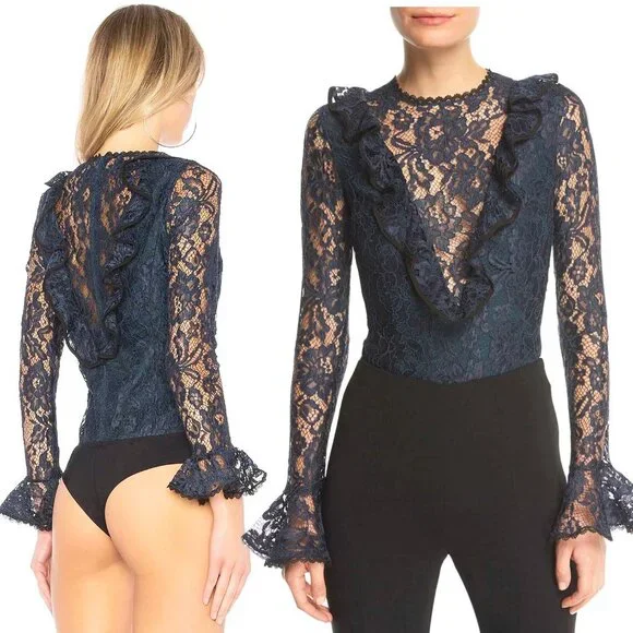 Alexis Womens Pollie Illusion Voulant Bodysuit Lace Top Blouse Navy - NWT M