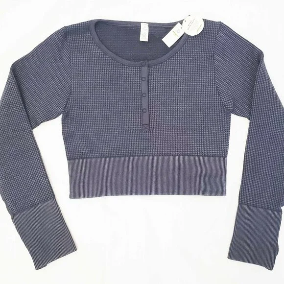 Aerie Womens Grey Offline Main Squeeze Waffle Weave Crop Top Henley Sweatshirt L