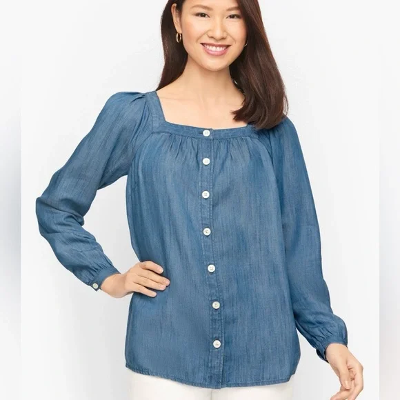 Talbots Chambray Square neck Button Down Blouse Shirt