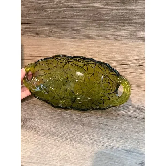 VTG Green Indiana Glass Bowl Dish Oval w/ handles Avocado Relish MCM Boho Decor