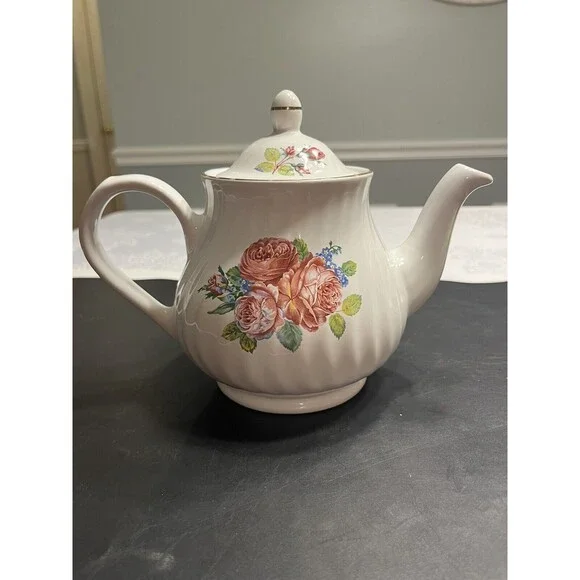 Vtg Arthur Wood England Pink Roses Swirl Gold Trim Teapot