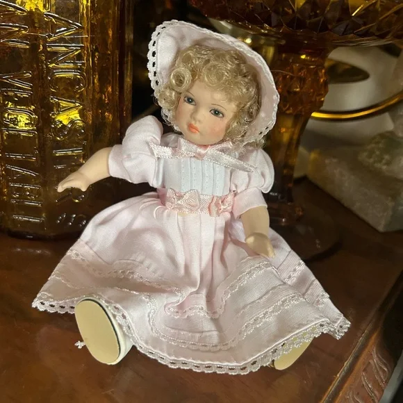 Vintage Porcelain Doll with Pink Dress & Bonnet