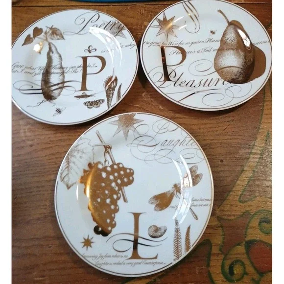 Pottery Barn‎ Dessert/Salad Plates White With Gold Poetry Pleasure Laughter