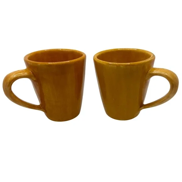 Pottery Barn Yellow Glazed Coffee Mugs Set of 2 Handcrafted Stoneware Latte Cups