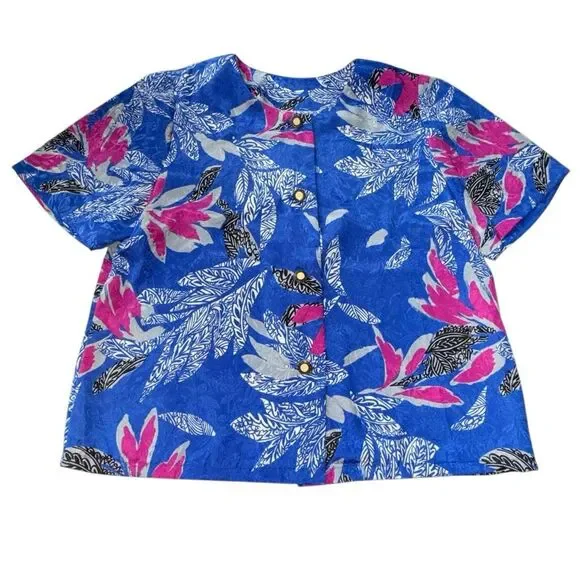 Vintage 1950s Buttondown Blouse Satin Colorful Royal Blue Dopamine Floral SP