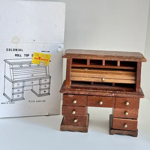 Vintage Colonial Miniature Roll Top Desk Taiwan Dollhouse‎ Furniture Wood
