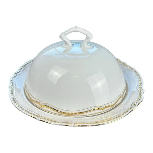 Antique‎ P.K. Silesia Covered Butter Dish with Gold Beaded Trim