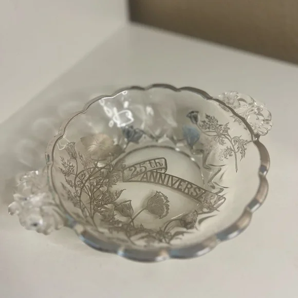 Vintage | 25th Anniversary Etched Glass Bowl with Handles