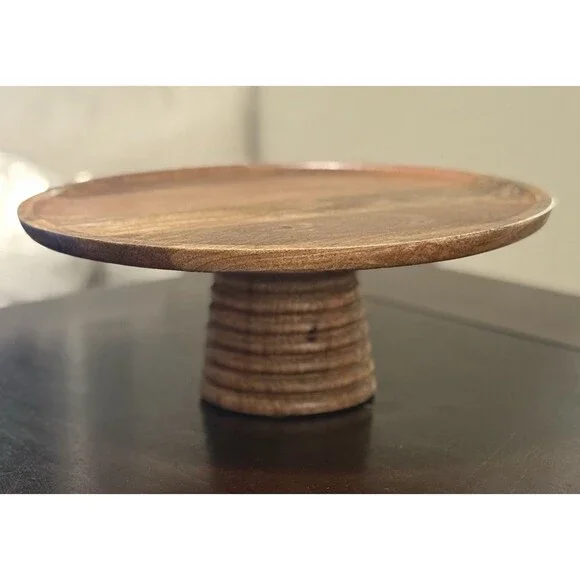 13” Mango Wood Round Ribbed Pedestal Cake Stand Serving Made in India World Mkt