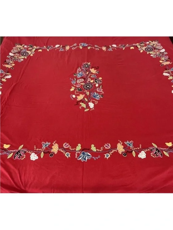 Pottery Barn Red Embroidered Floral Duvet Cover